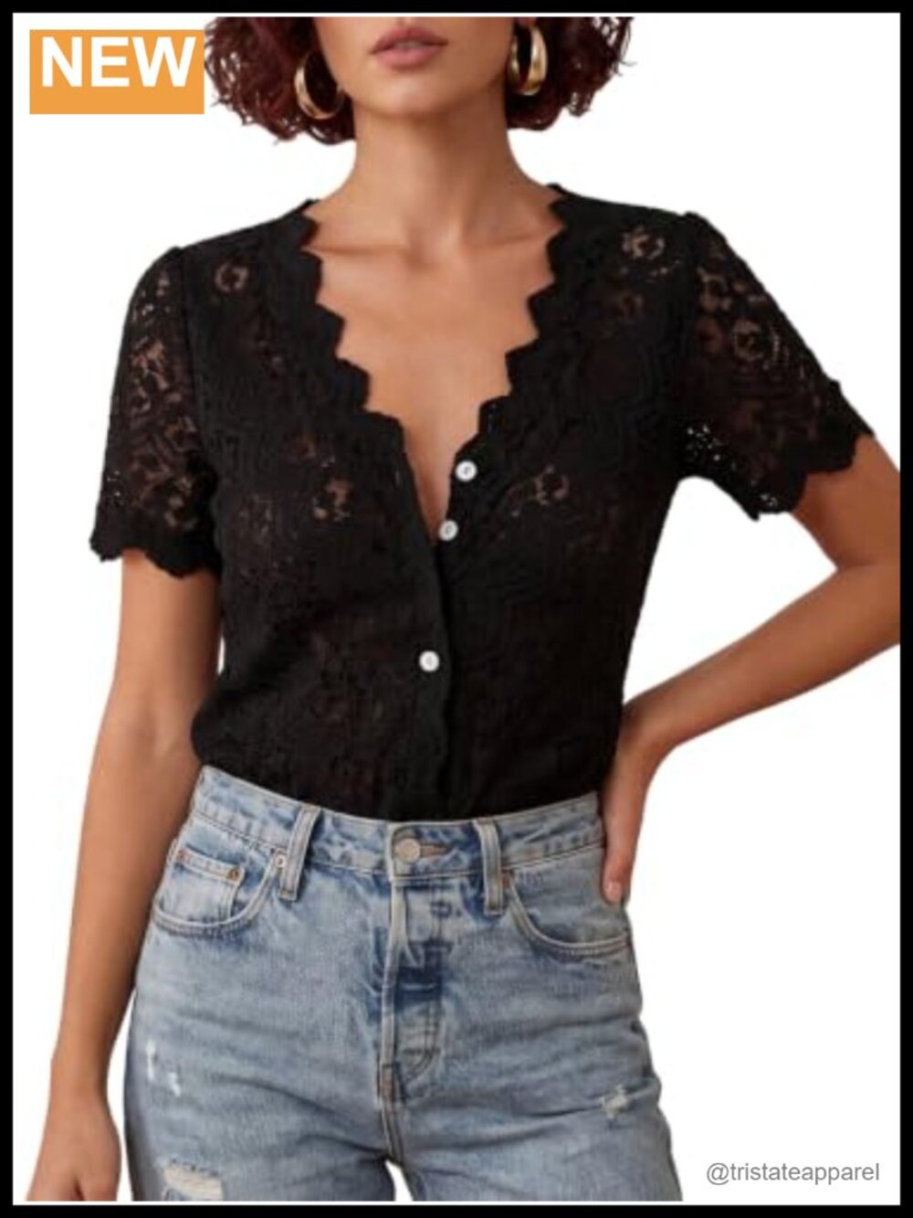 Women's Sheer Lace Button Up Scalloped Short Sleeve V-Neck Blouse